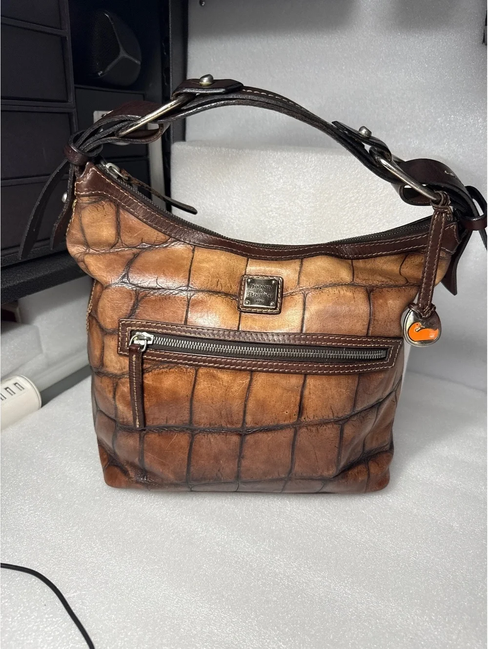 Vintage Dooney & Bourke Croco Embossed Leather Hobo Shoulder Bag Brown
